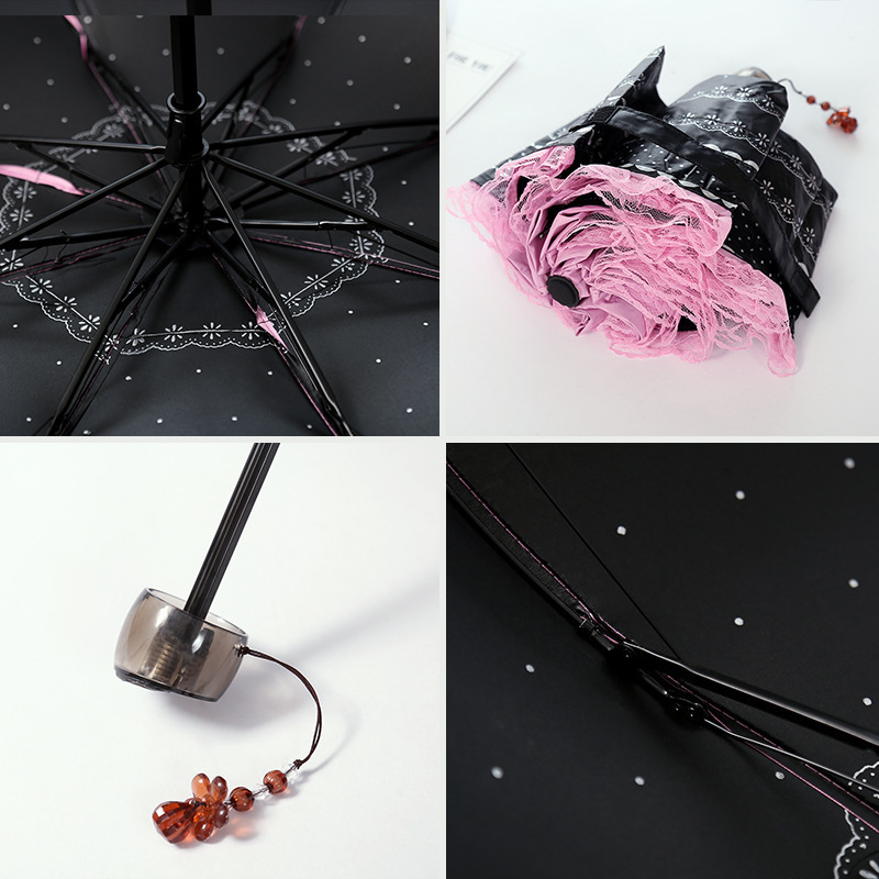 Sunny Rainy Umbrella For Women Girl Summer Parasol Black Coating Anti UV Lace 3 Folding Princess Umbrella With Pendant