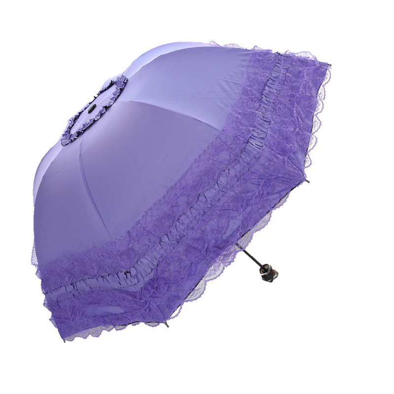 Sunny Rainy Umbrella For Women Girl Summer Parasol Black Coating Anti UV Lace 3 Folding Princess Umbrella With Pendant