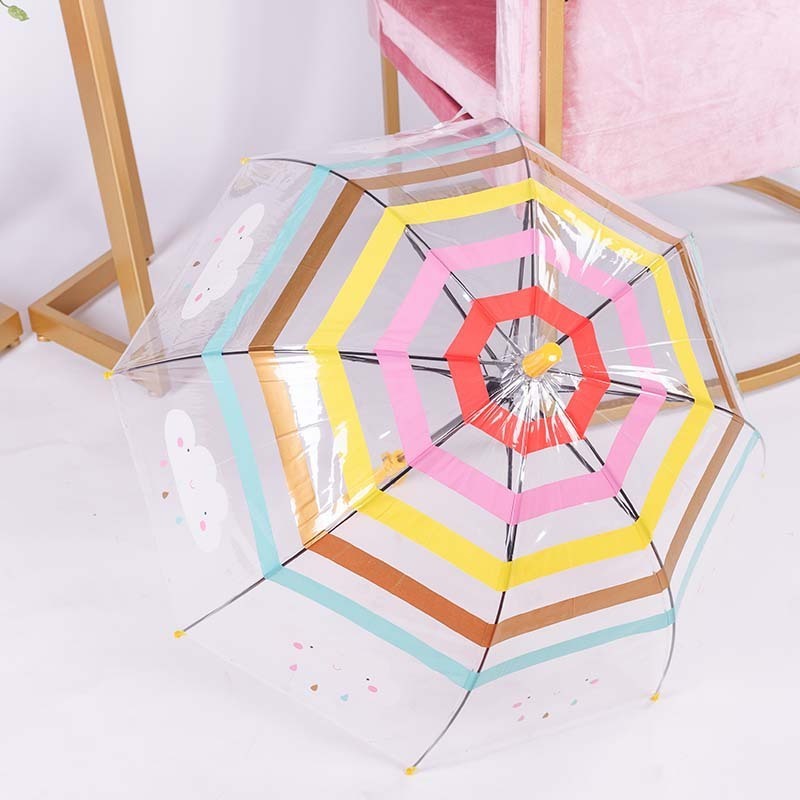 Cute Arched Transparent Rainbow Umbrella Cloud Safety Children Kids Thick Long Handle Boys Girls Kindergarten Umbrella