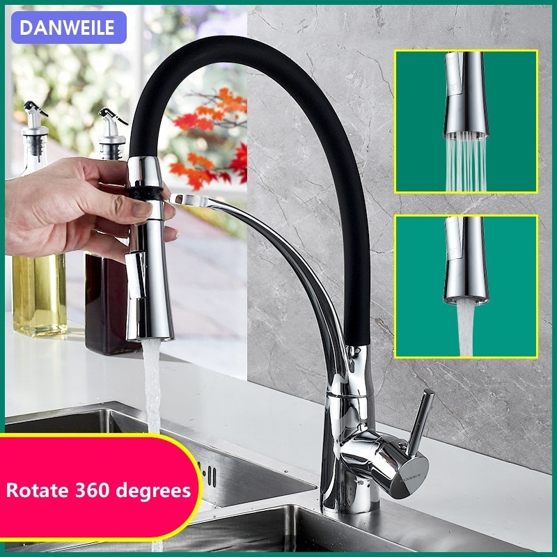 Stretch hand-held faucet black household kitchen hot and cold sink full copper faucet