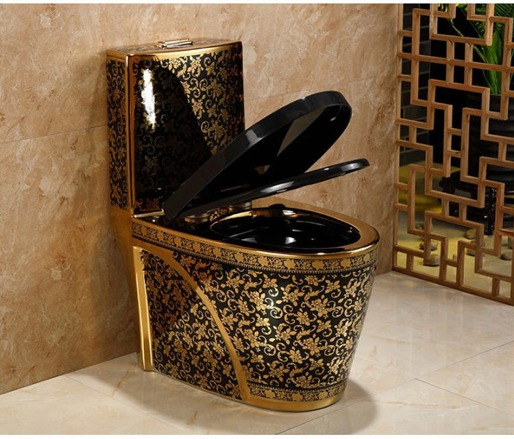 Beautiful bathroom one-piece ceramic black toilet with golden pattern on the outside