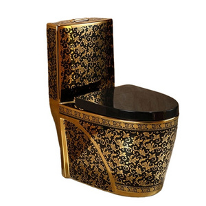 Beautiful bathroom one-piece ceramic black toilet with golden pattern on the outside