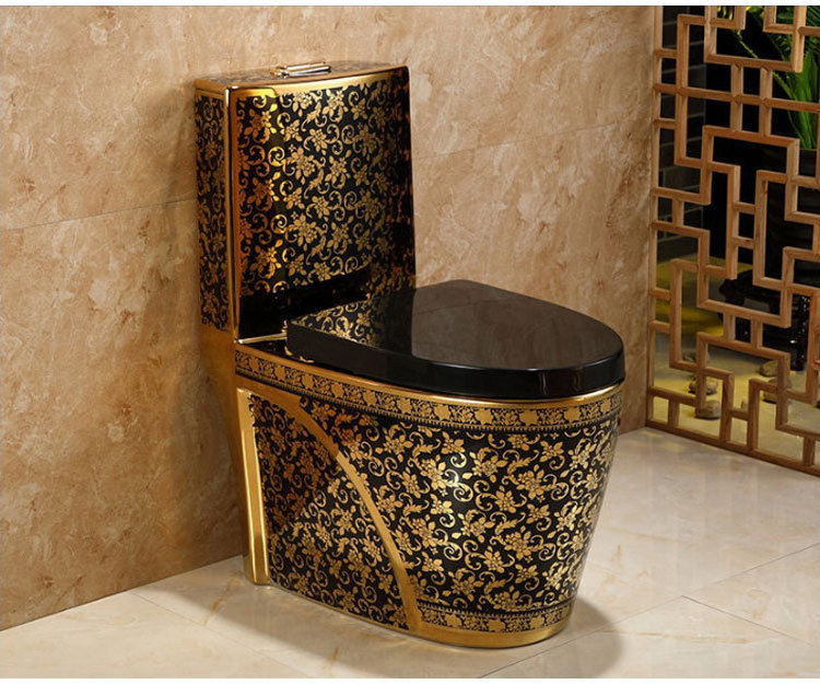 Beautiful bathroom one-piece ceramic black toilet with golden pattern on the outside