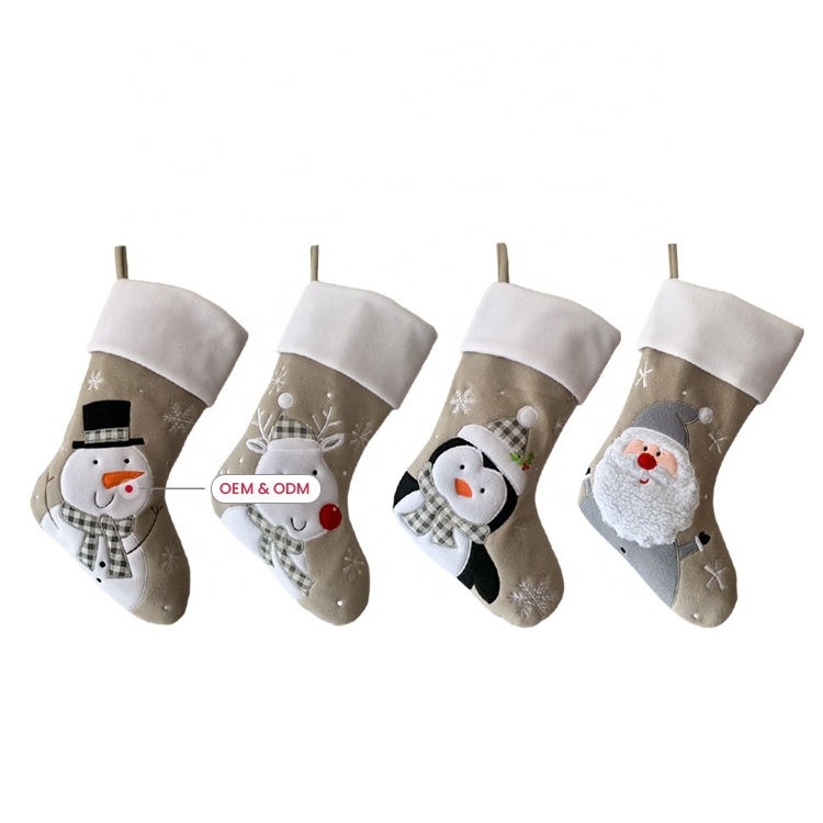 Hot Sale Custom Personalized Xmas Gift Set Grey Reindeer Snowman Santa Tree Ornaments Bulk Christmas Stockings for Embroidery