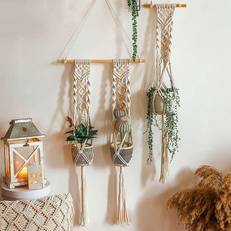 Boho Outdoor Home Decoration Cotton Rope Indoor Hanging Double Macrame Plant Holder