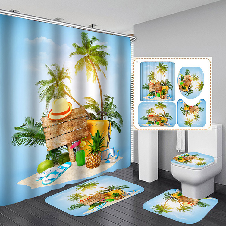 Summer Tropical Fruit Print Bathtub Decor Durable Fabric Machine Washable Hawaiian Shower Curtain