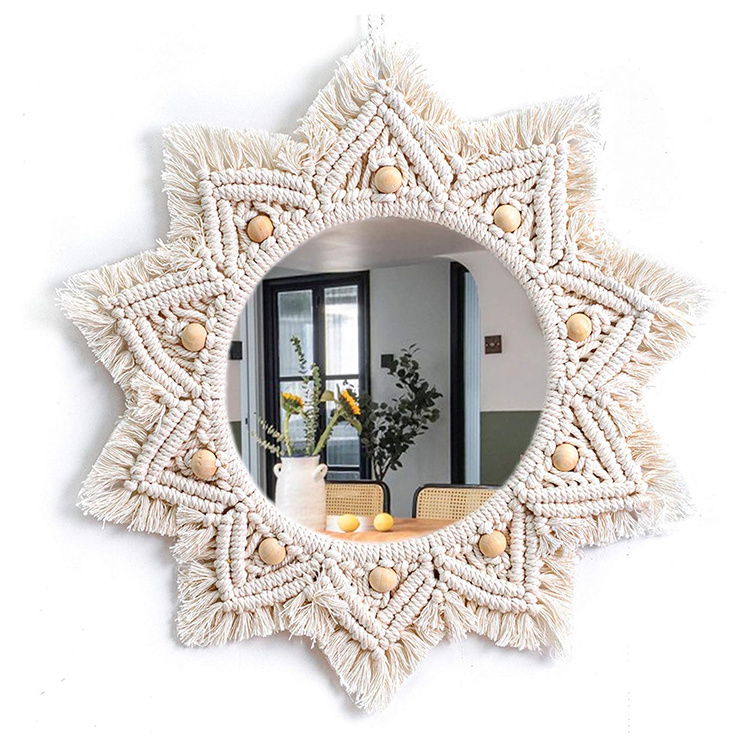 Boho Custom Hanging Wall Handmade Tapestry Round Makeup Decorative Macrame Mirror with Fringe