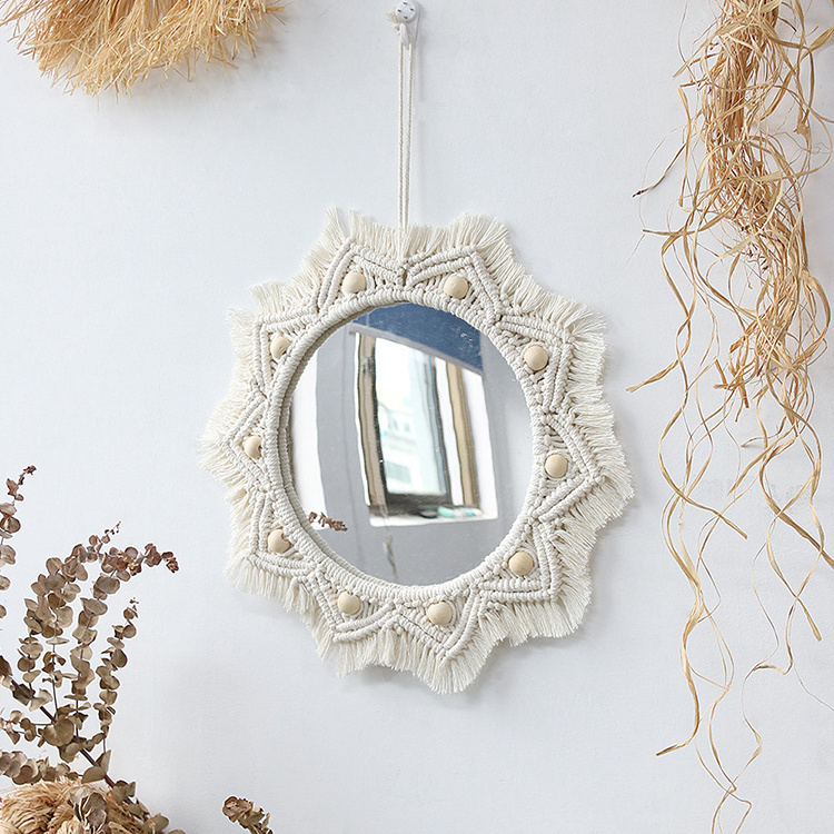 Boho Custom Hanging Wall Handmade Tapestry Round Makeup Decorative Macrame Mirror with Fringe