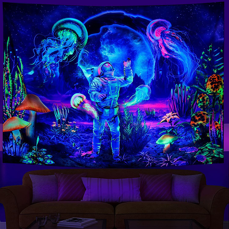 UV Luminous Fantasy Forest Jellyfish Tapestry Mushroom Butterfly Wall Hanging Glow in the Dark Tapestries