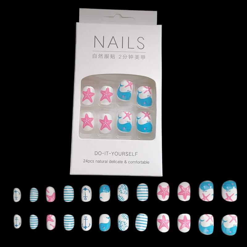 24pcs Wholesale Kids Acrylic Artificial Fingernails Cute Cartoon Fake False Nail Tips Press on Nails