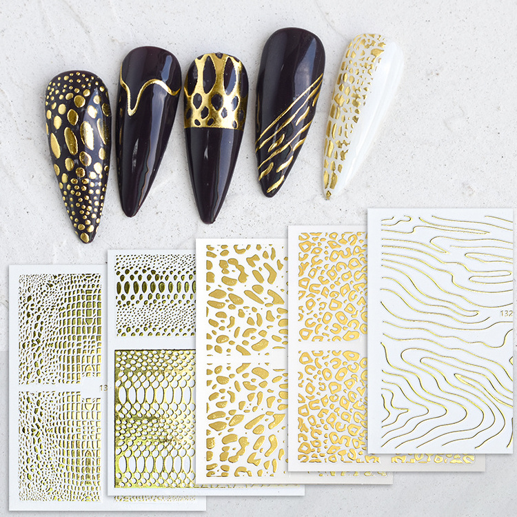 Ultra Thin Waterproof Self Adhesive 3D Nail Decals Holographic Gold Silver Snake Leopard Nail Stickers