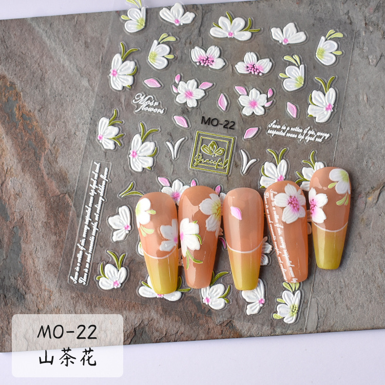 5D Nail Stickers Cherry Blossom Camellia Flower Decor Acrylic Embossed Nail Decals Manicure