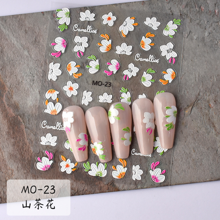 5D Nail Stickers Cherry Blossom Camellia Flower Decor Acrylic Embossed Nail Decals Manicure