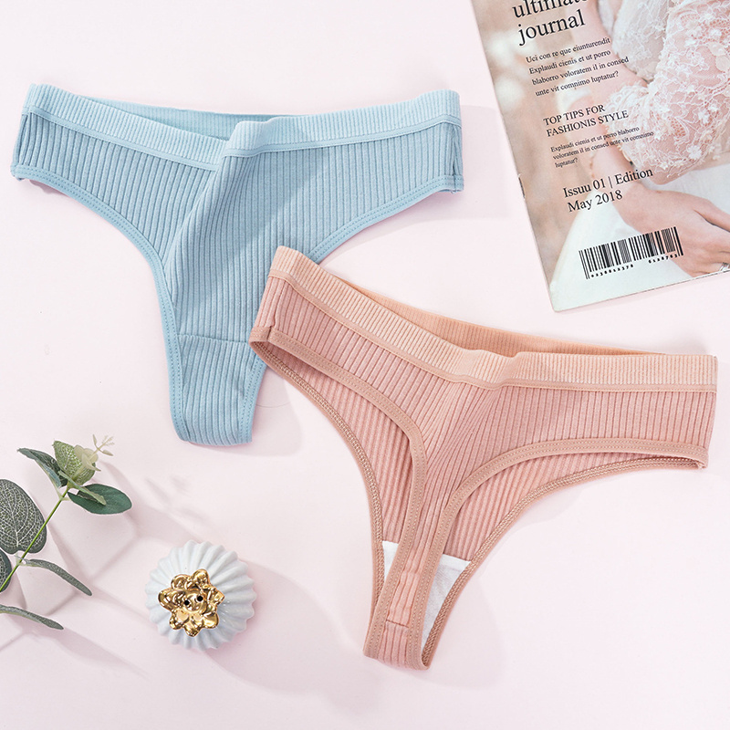 Women's underwear summer striped solid color cotton thong women's comfortable low waist girl seamless briefs