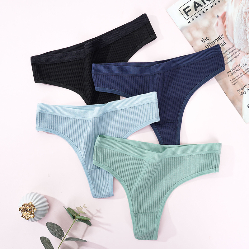 Women's underwear summer striped solid color cotton thong women's comfortable low waist girl seamless briefs