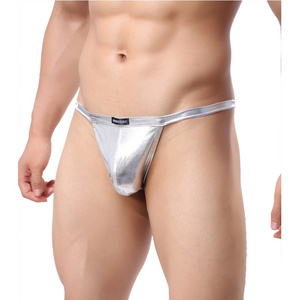 Fashionable thin belt thong men's tight sexy underwear men's shiny gold and silver leather small T-pants