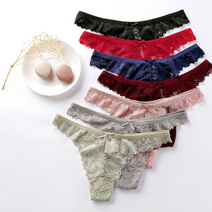 Women Sexy Underwear lace thong Bikini Panties women's solid color hollow see-through Low Rise Panties Sexy G-String for women