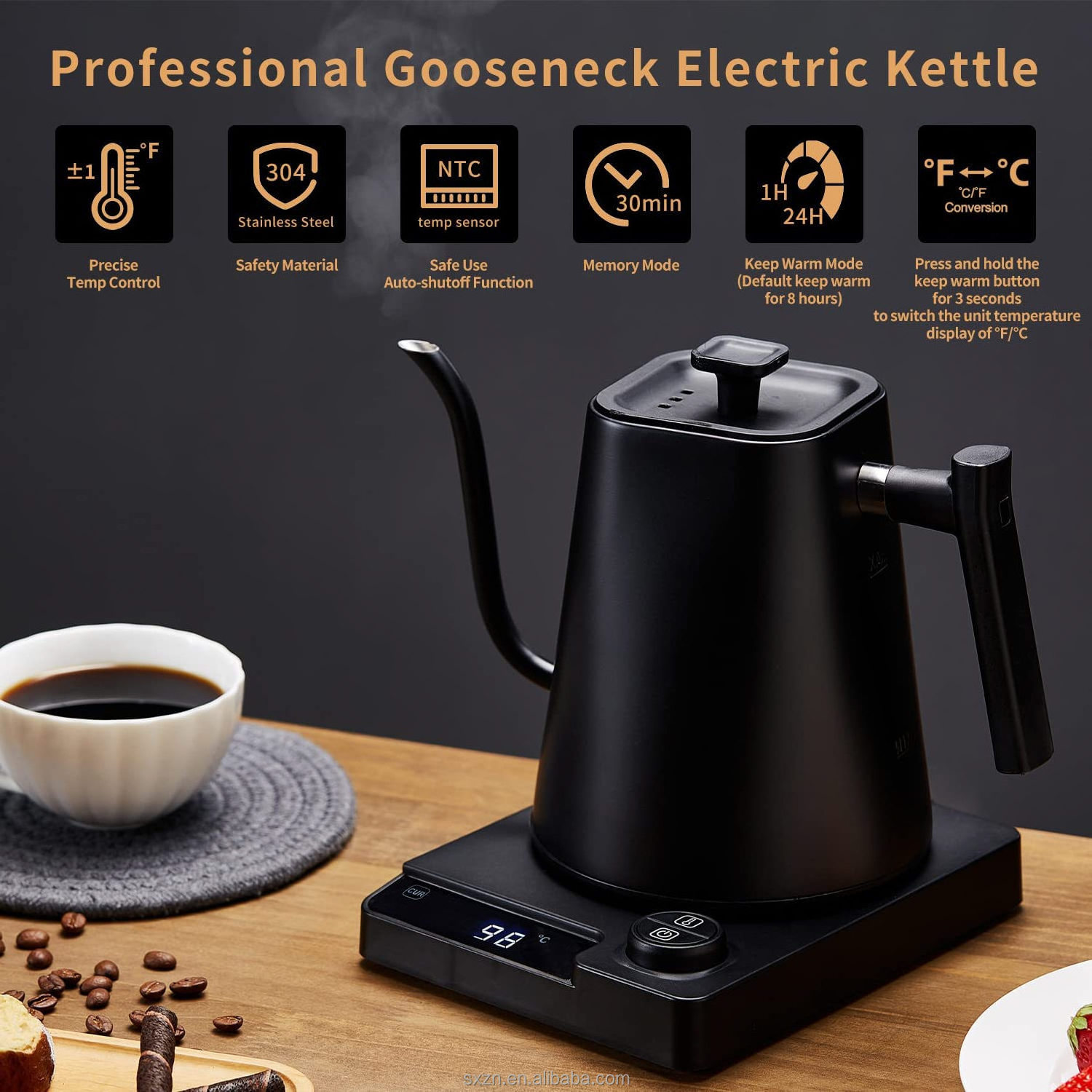 Electric Gooseneck Kettle,Stainless Steel Ultra Fast Boiling Hot Water Kettle for Pour Over Coffee & Tea