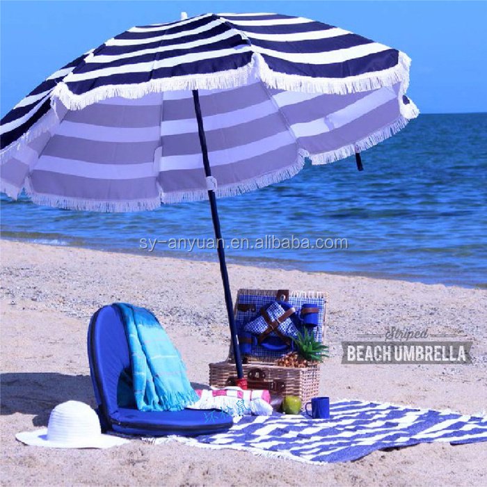 2017 blue and white color cotton fabric beach umbrella with tassels