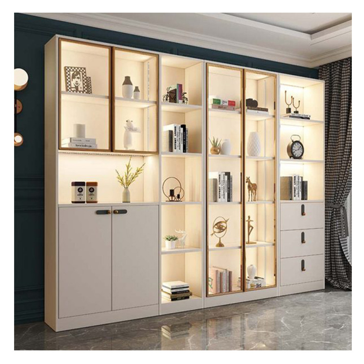 Modular modern home office wooden book cases shelf with glass door