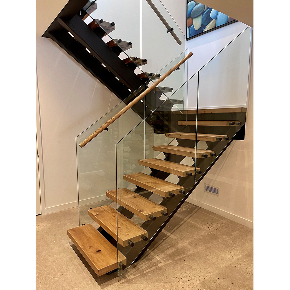 Open riser customized floating stairs central spine staircase with wood tread and frameless glass railing