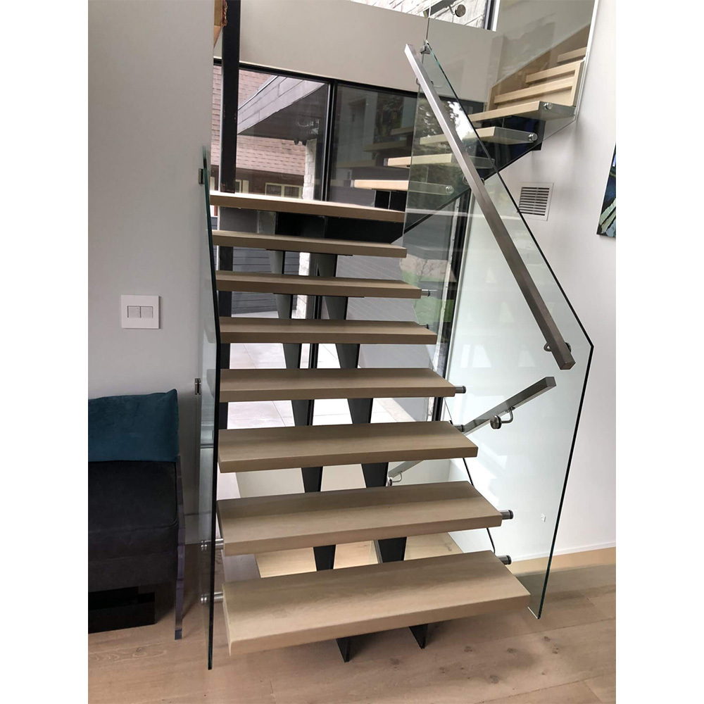 Open riser customized floating stairs central spine staircase with wood tread and frameless glass railing