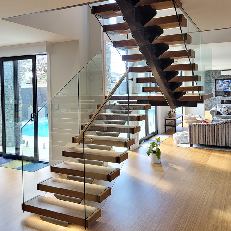 Foshan factory staircase design glass balustrade metal stairs with white oak stair treads