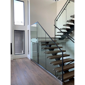 Open riser customized floating stairs central spine staircase with wood tread and frameless glass railing