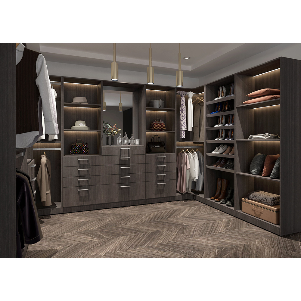 Modern wooden white walk in closet storage built in