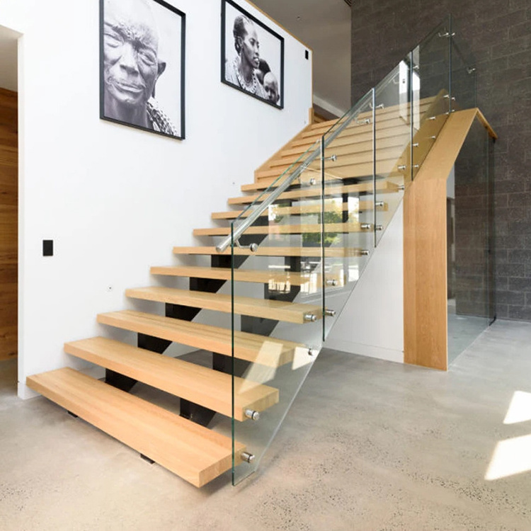 Foshan factory staircase design glass balustrade metal stairs with white oak stair treads