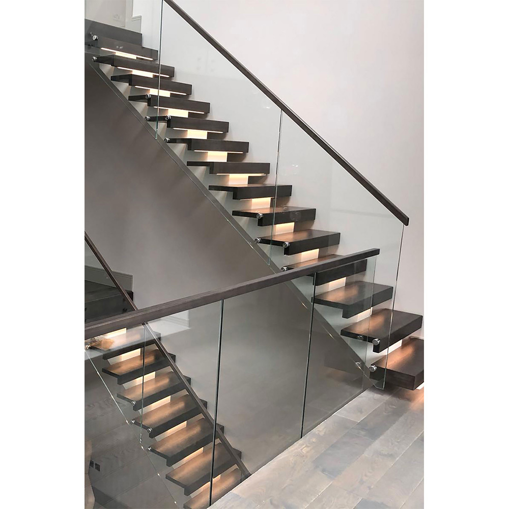 Open riser customized floating stairs central spine staircase with wood tread and frameless glass railing