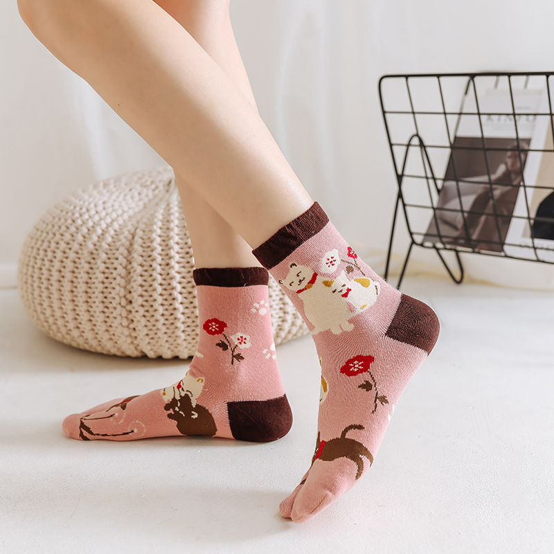 Women Girls Cozy 2 Toe Socks Cute Cartoon Split Toe Tabi Ninja Geta Cotton Finger Socks