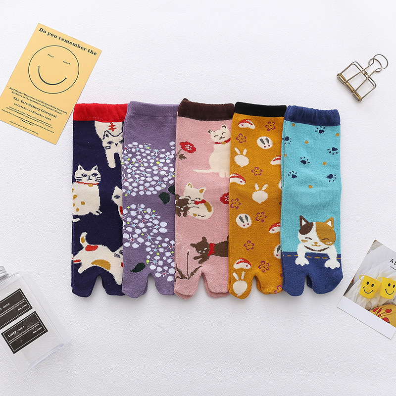 Women Girls Cozy 2 Toe Socks Cute Cartoon Split Toe Tabi Ninja Geta Cotton Finger Socks