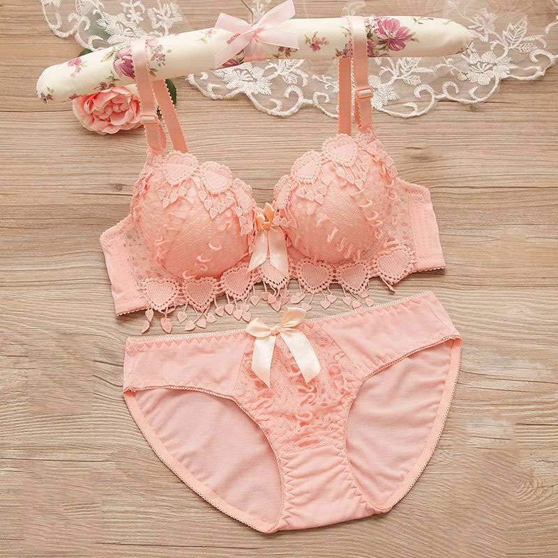 Embroidery Flower Women Underwire Push Up Lace Heart Shape Underwear Young Girl Bra and Panties Set