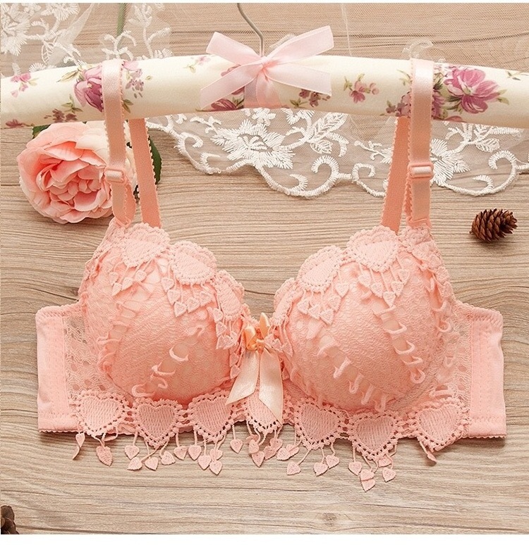 Embroidery Flower Women Underwire Push Up Lace Heart Shape Underwear Young Girl Bra and Panties Set