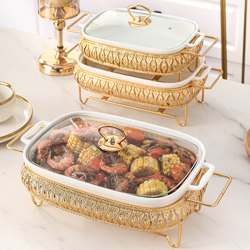 Factory Wholesale Hotel Used Porcelain Soup Pot with Handle Dubai Gold Ceramic Food Warmers with Candles