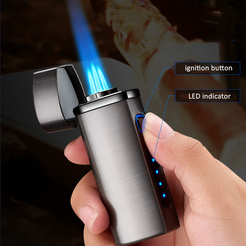 Hot Sale USB Charging Metal Triple Jet Flame Butane Cigarette Torch Lighter with Cigar Punch Cutter with Customized Logo