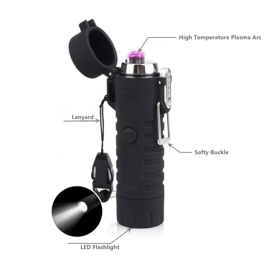 Waterproof Double Arc USB Electric Lighter with Flash Light  for Camping