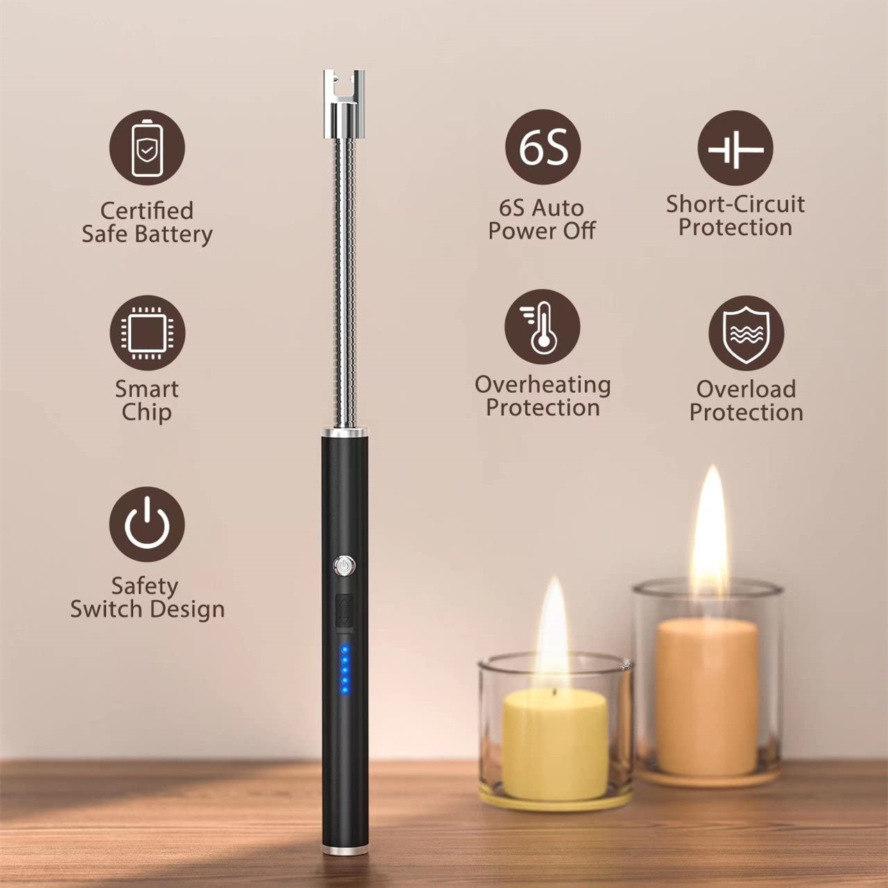 Windproof Electric Rechargeable Arc Lighter with LED Battery Display Long Flexible Neck USB Lighter for Light Candles