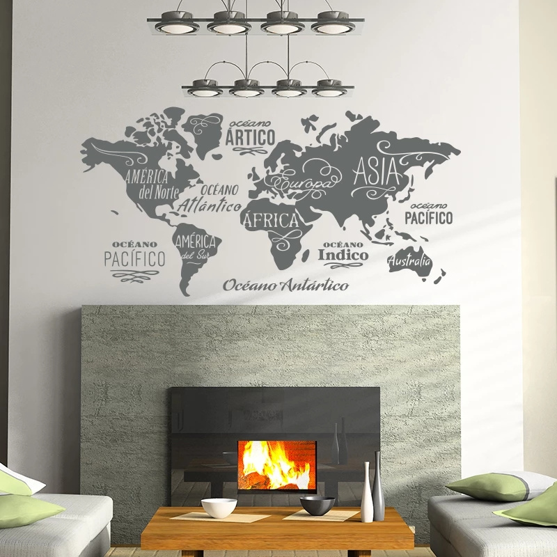 World map in words vinyl wall sticker Oceans and Continents in spanish home decor wall decals DIY house decor for living room