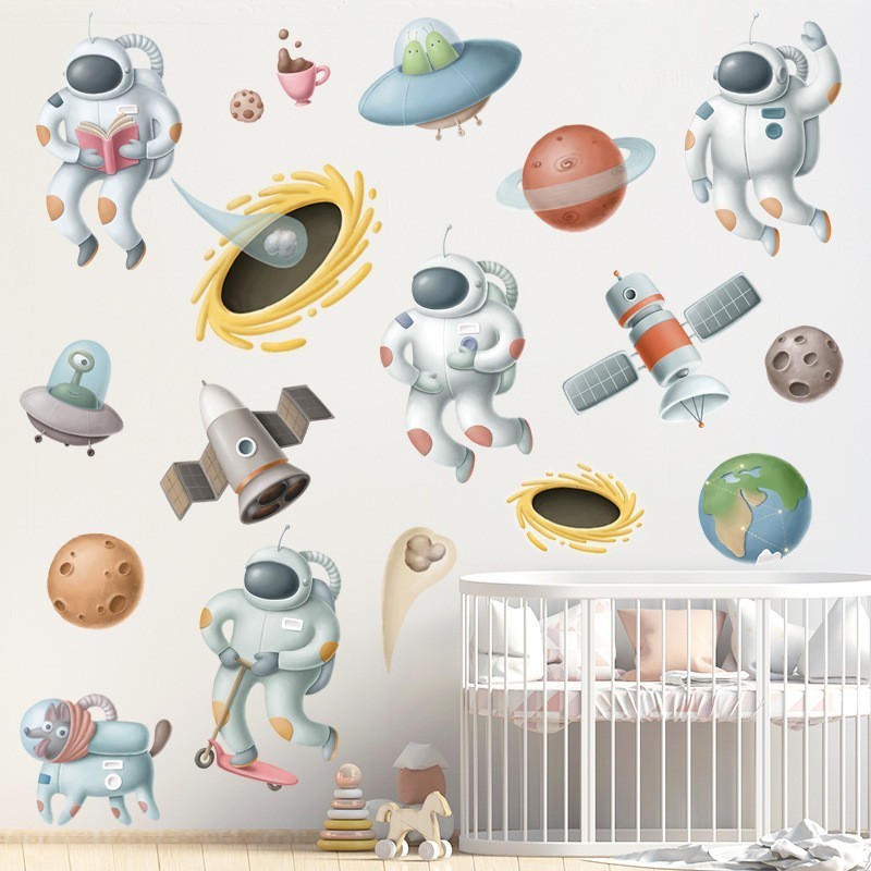 Baby Astronaut Spaceship Wall Sticker Cartoon Space Planet Wallpaper Boy Bedroom Decorative Wall Decal Kid's Home Decor