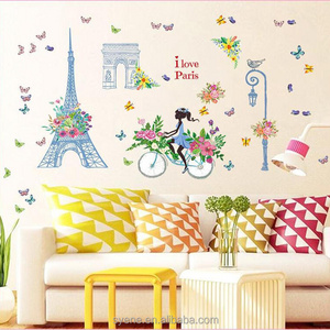 Syene Romantic flower Paris Wall Sticker For Kids Rooms Eiffel Tower Flower Fairy Riding Home Decor wallpaper