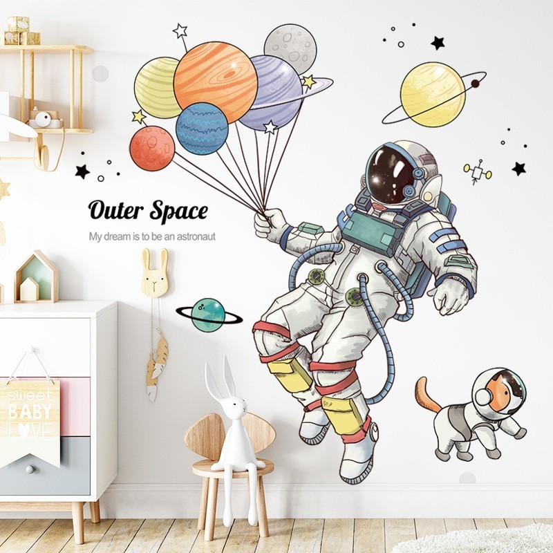 Baby Astronaut Spaceship Wall Sticker Cartoon Space Planet Wallpaper Boy Bedroom Decorative Wall Decal Kid's Home Decor