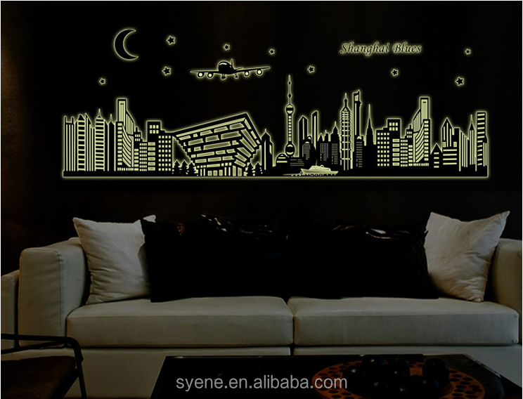 56*160cm 3d glow in the dark ceiling decorations shanghai night city shiny wallpaper home wall stickers decal nateru home decor