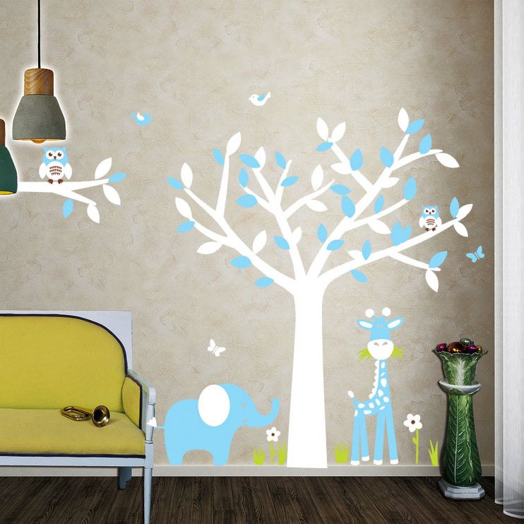 Cute Owls with Birds Stand on The Tree Wall Decals Tree Wall Decals Tree Wall Sticker for Kid Baby Nursery Room