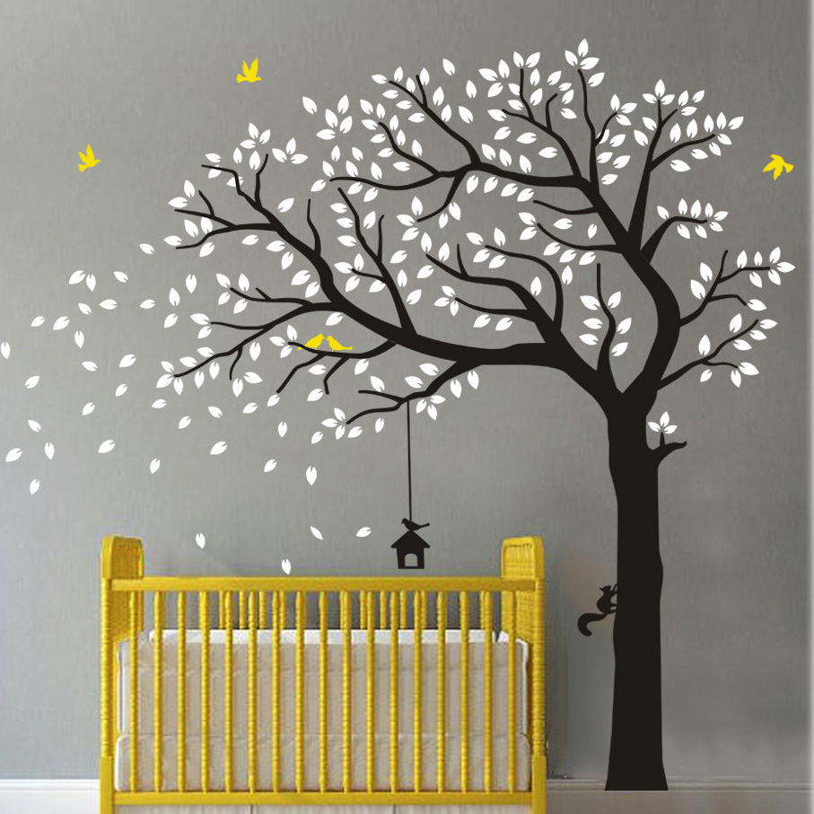 Large Family Trees with Birds and Birdcage Tree Wall Decal Tree Wall Sticker Kids Room Nursery Bedroom Living Room Decoration