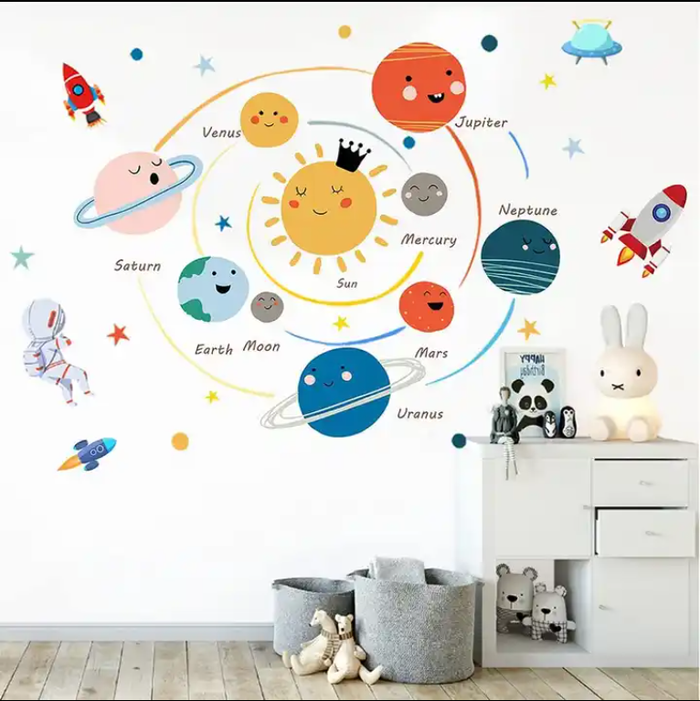 Space Planet Wall Decals Boy Room,Large Wall Stickers Kids Bedroom Peel and Stick Removable,Cute Wall Stickers Decals Decor