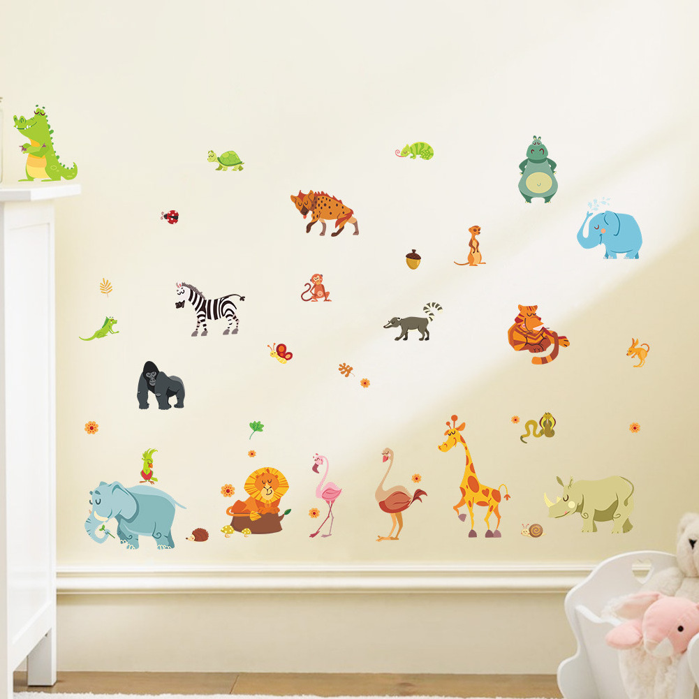 Elephant Tree and Giraffe Stickers Peel and Stick Boho Jungle Nursery Wallpaper PVC Baby Room Wall Decor with Art Deco Design