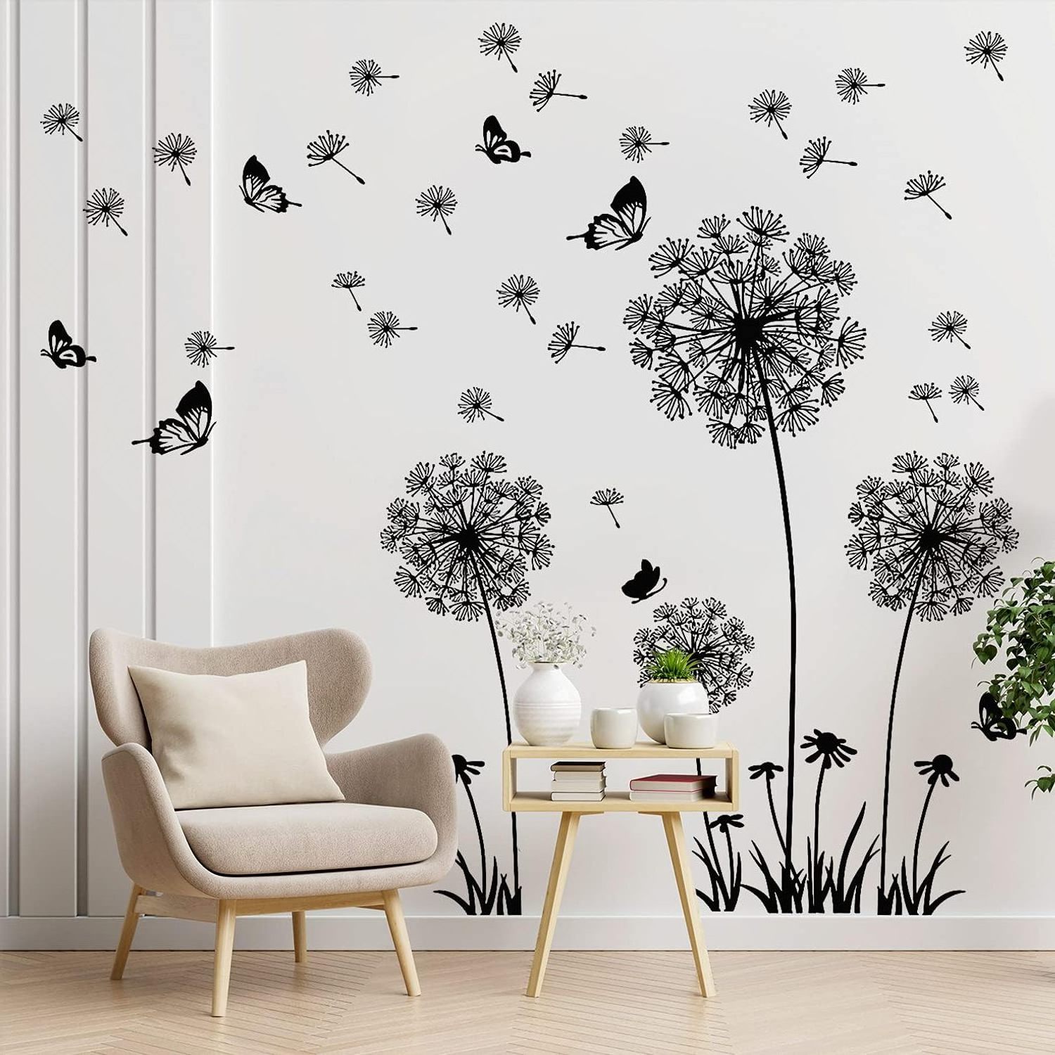 3D Black Dandelion and Butterfly Wall Decals Wood and PVC Flower Stickers for Living Room Bedroom Home Art Decor