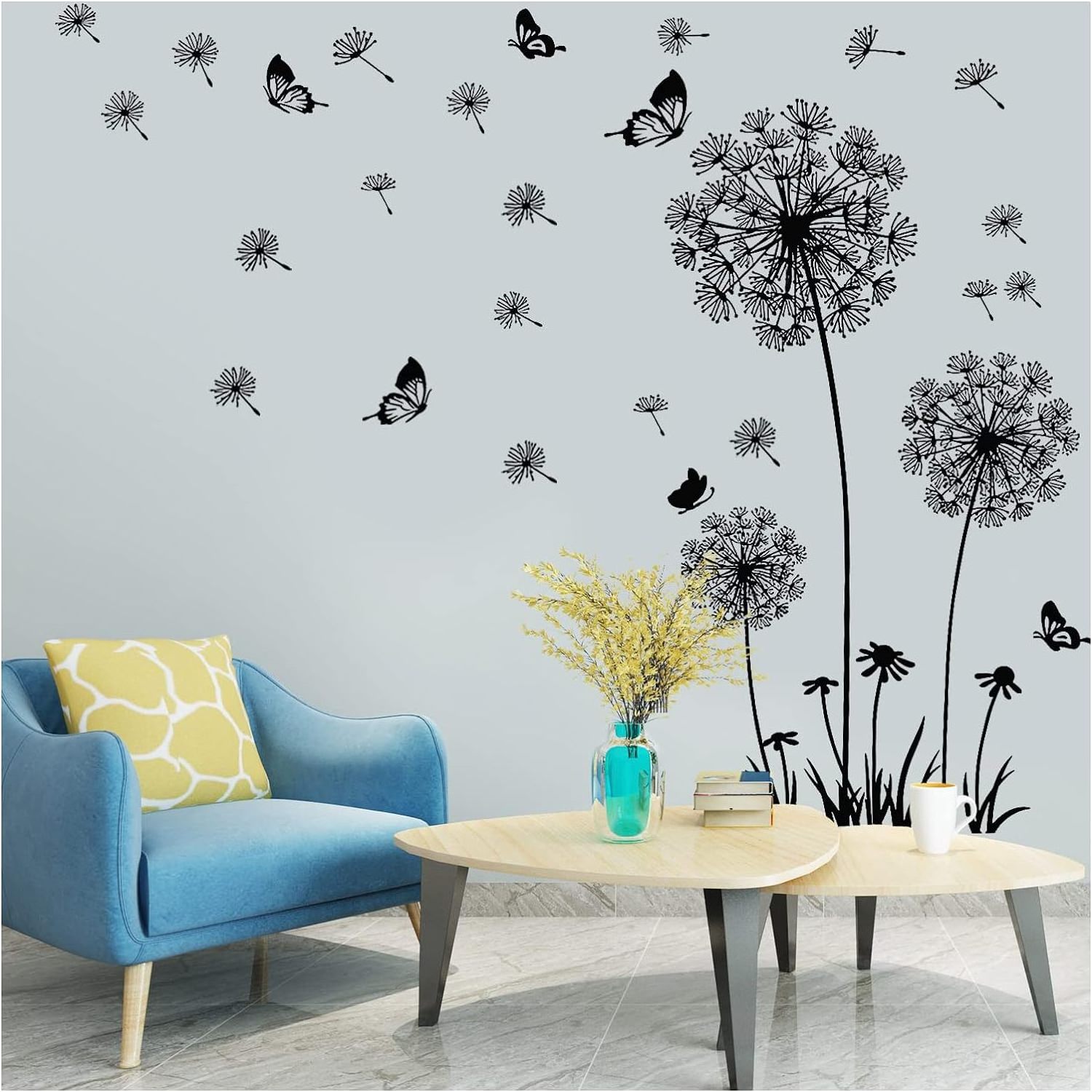 3D Black Dandelion and Butterfly Wall Decals Wood and PVC Flower Stickers for Living Room Bedroom Home Art Decor